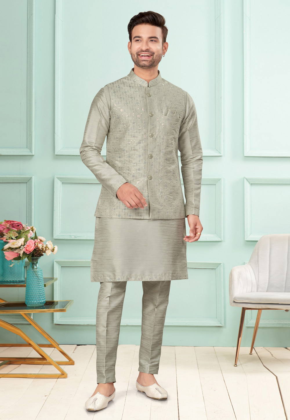 Grey Dupion Kurta Pajama With Jacket 283885
