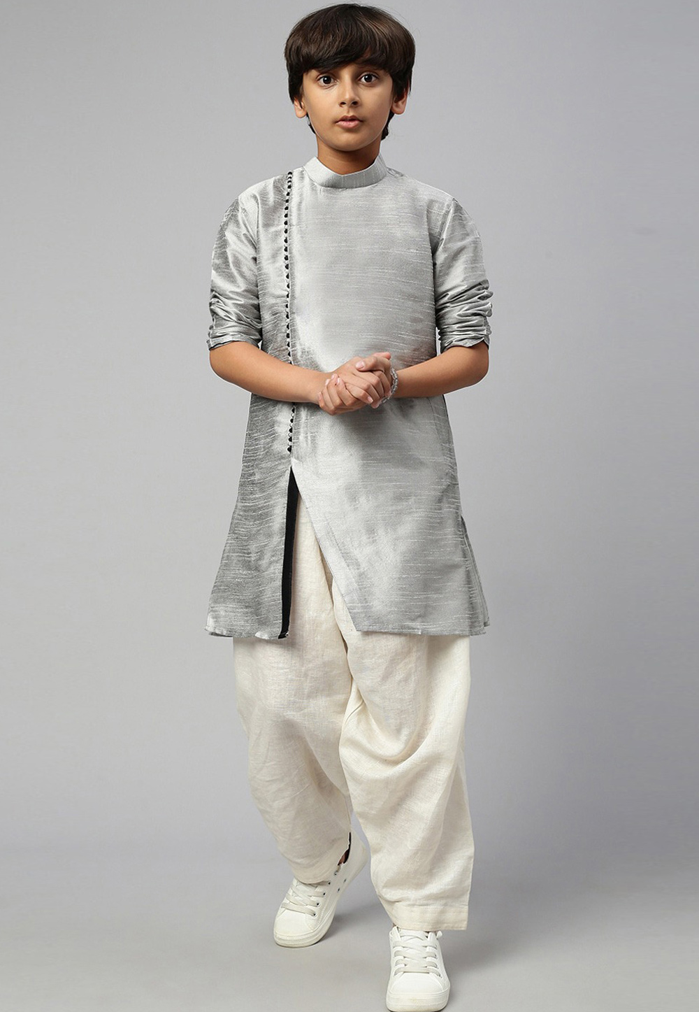Grey Dupion Silk Kids Dhoti Kurta 286214