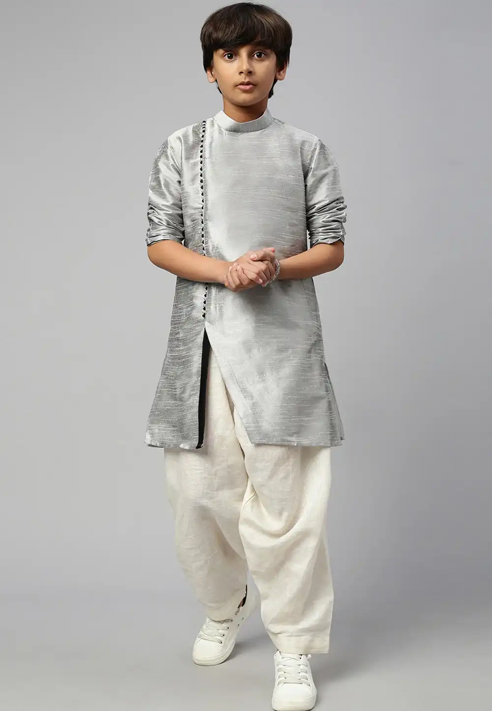 Grey Dupion Silk Kids Dhoti Kurta 286214