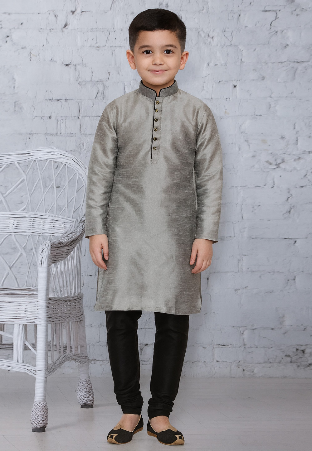 Grey Dupion Silk Kids Kurta Pajama 320785