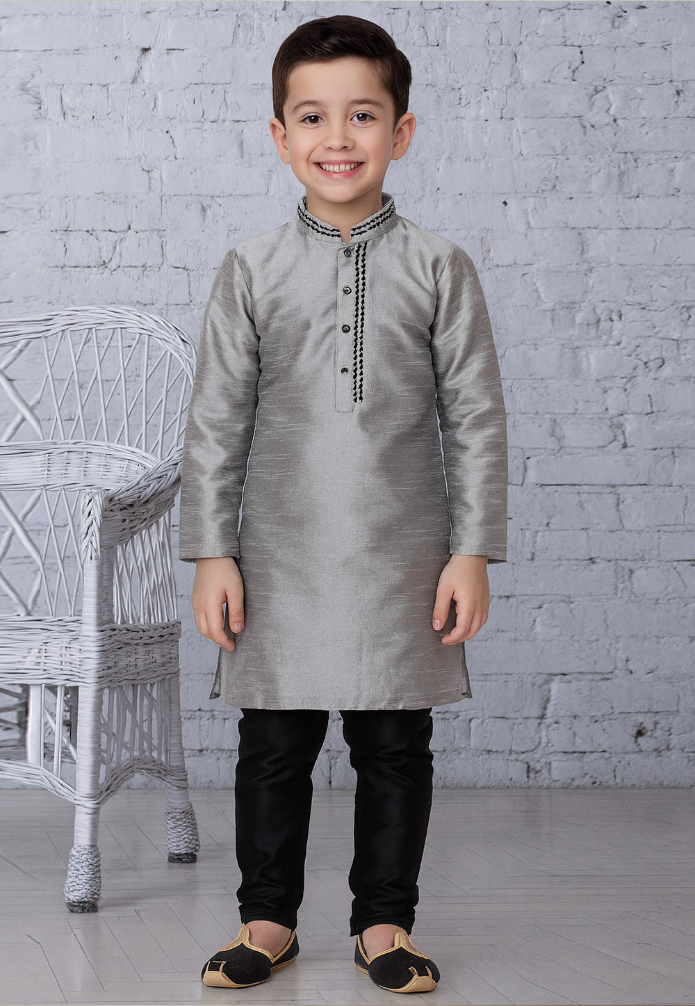 Grey Dupion Silk Kids Kurta Pajama 320790