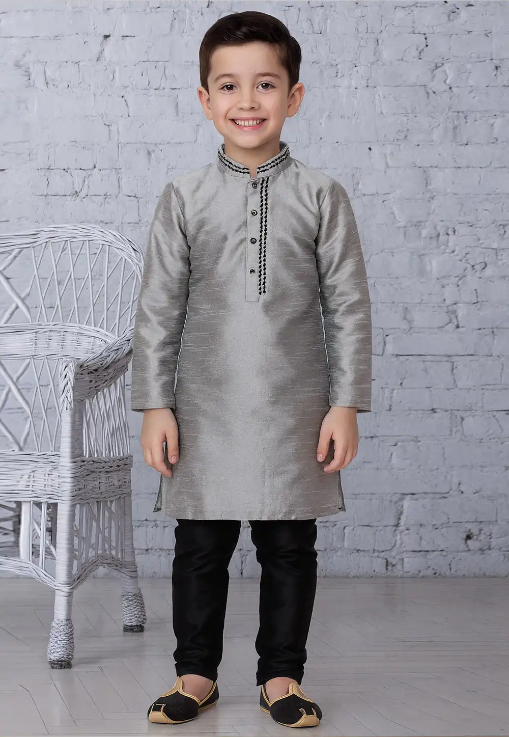 Grey Dupion Silk Kids Kurta Pajama 320790
