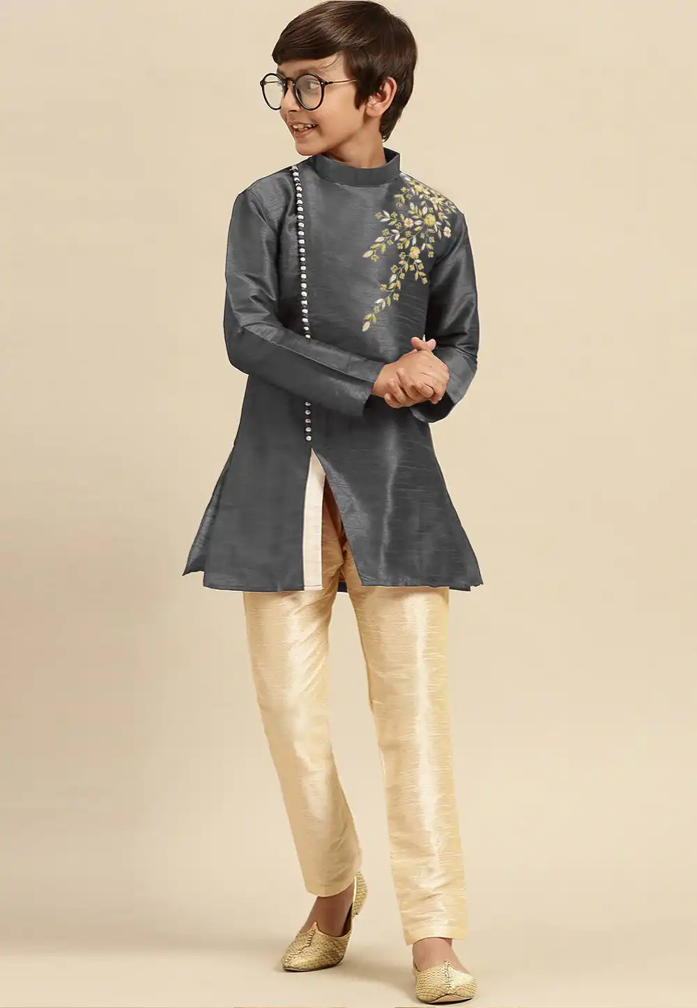 Grey Dupion Silk Kids Kurta Pajama 316882