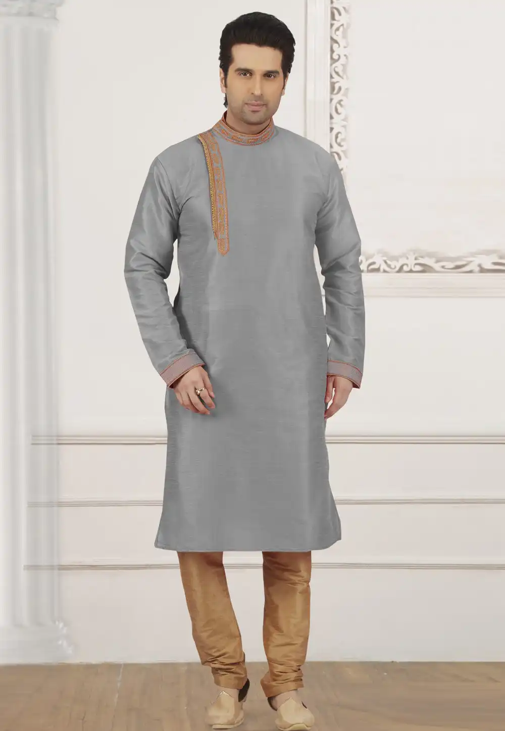 Grey Dupion Silk Kurta Pajama 309972