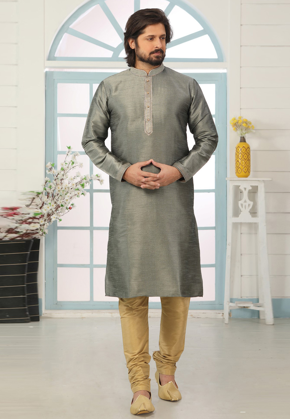 Grey Dupion Silk Kurta Pajama 311305