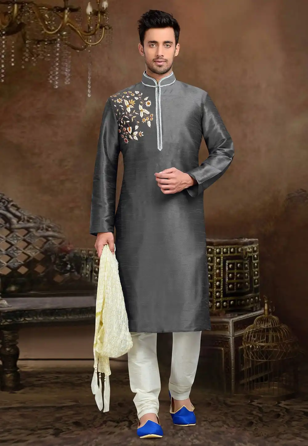 Grey Dupion Silk Kurta Pajama 316066