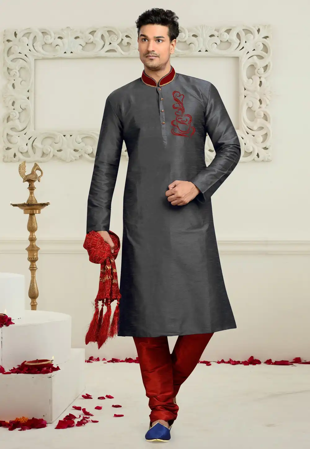 Grey Dupion Silk Kurta Pajama 316068