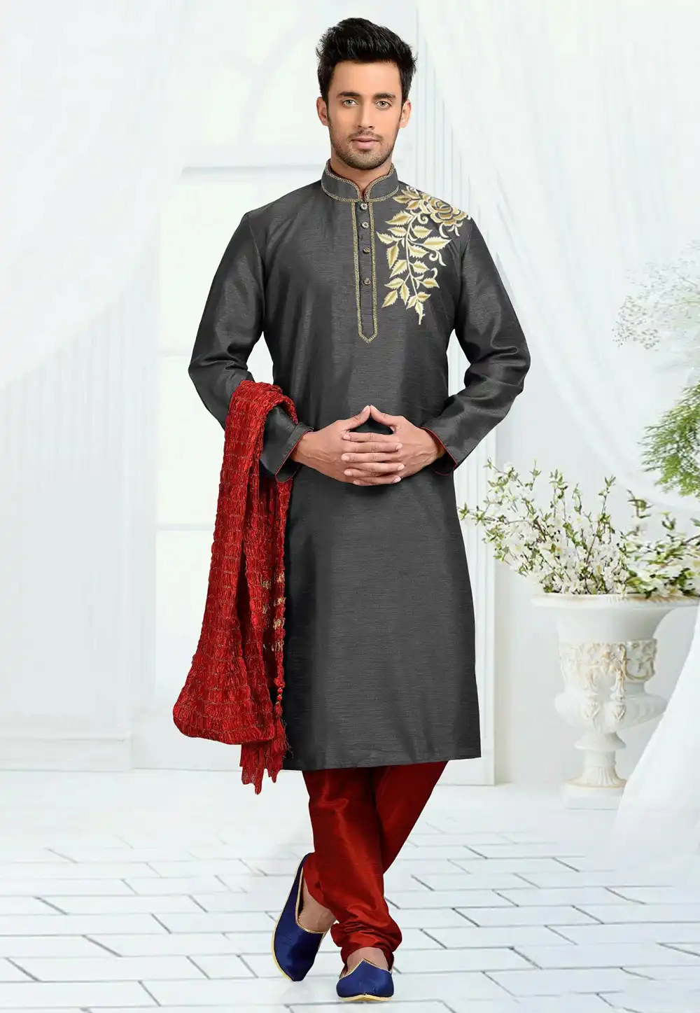 Grey Dupion Silk Kurta Pajama 316069