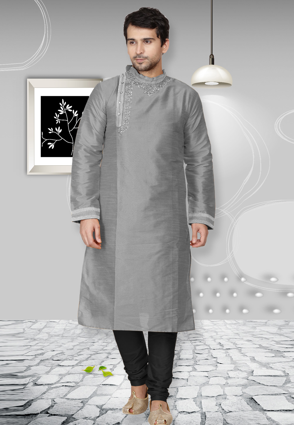 Grey Dupion Silk Kurta Pajama 279681