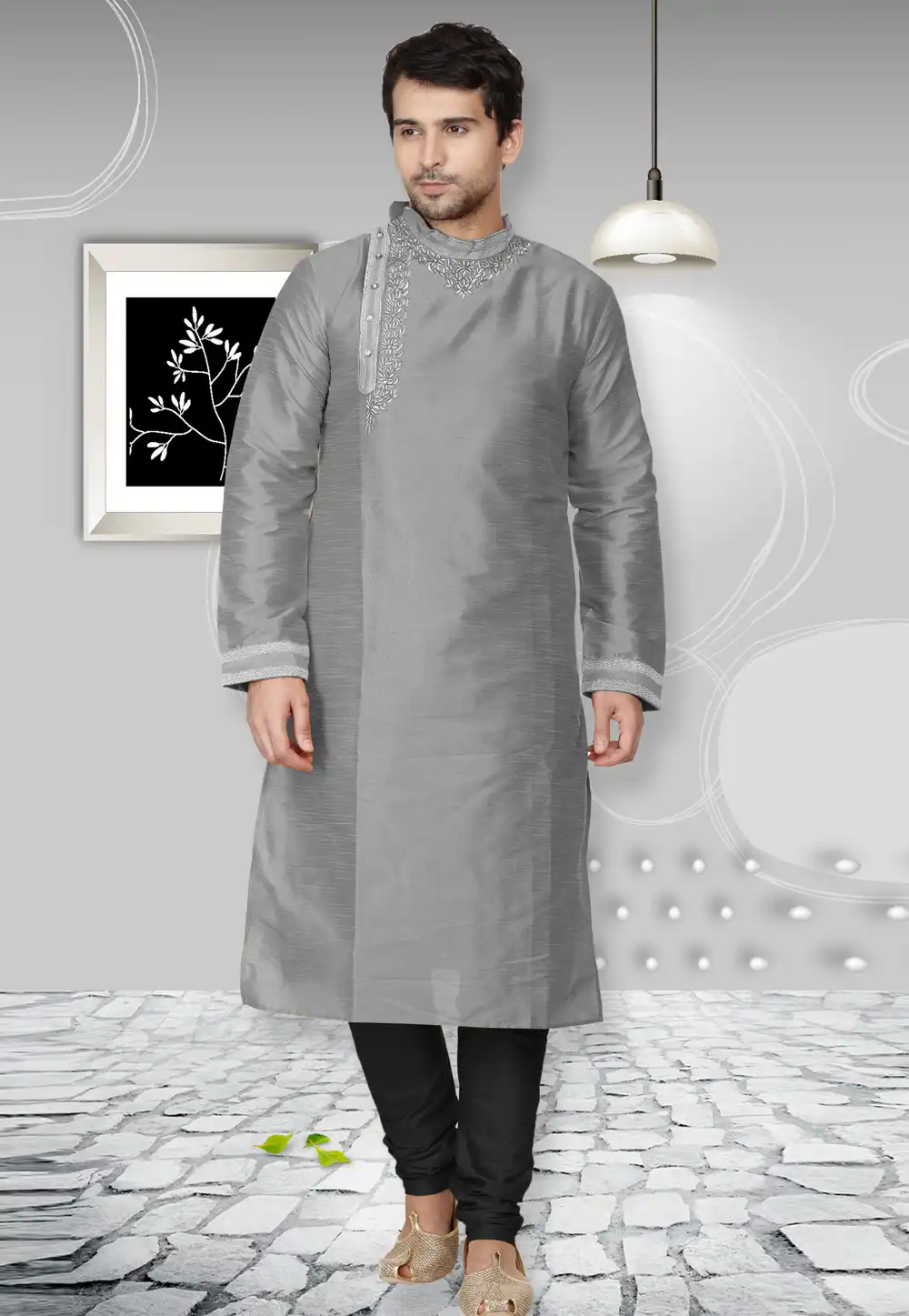 Grey Dupion Silk Kurta Pajama 279681