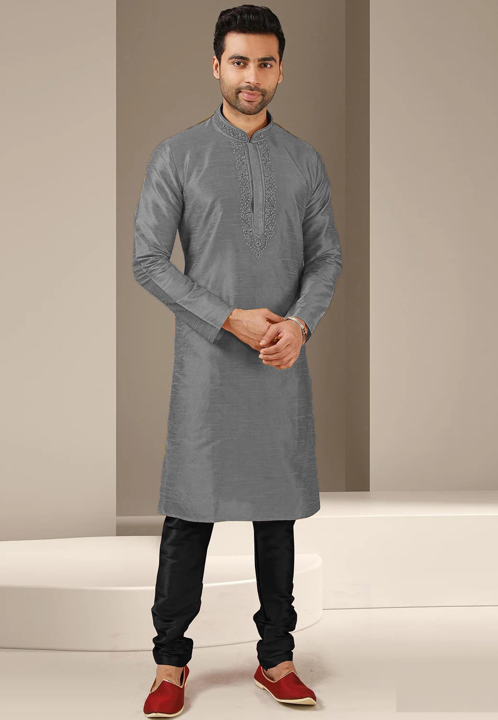 Grey Dupion Silk Kurta Pajama 279706