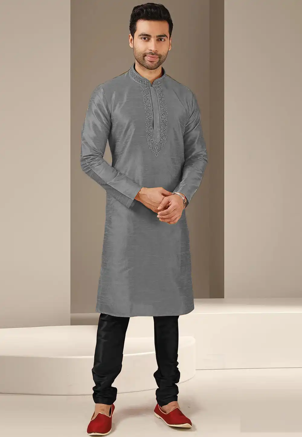 Grey Dupion Silk Kurta Pajama 279706