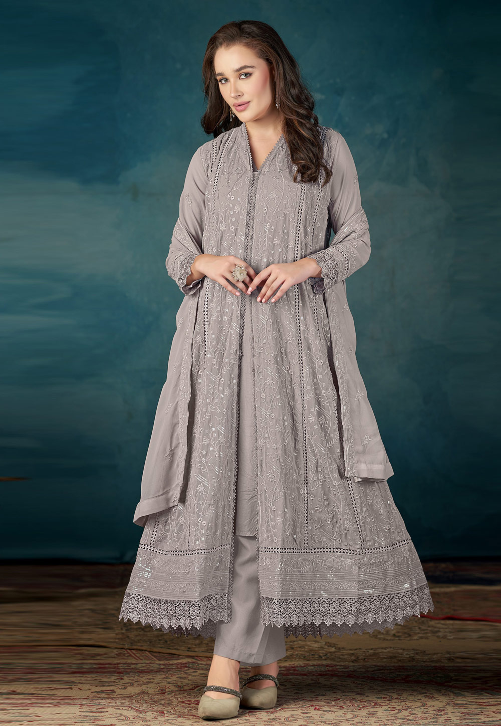 Grey Faux Georgette Center Slit Anarkali Suit 318068
