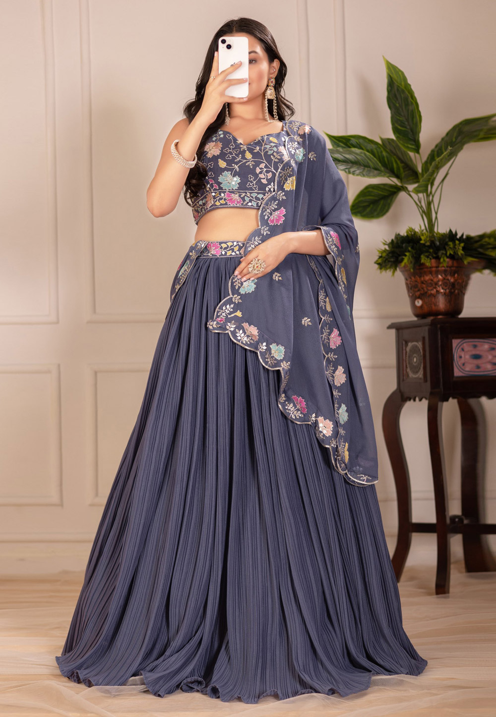 Grey Faux Georgette Circular Lehenga Choli 311241