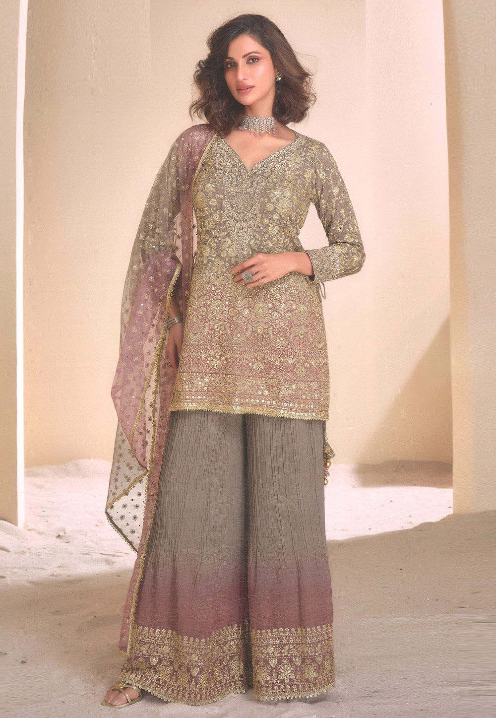 Grey Faux Georgette Embroidered Palazzo Suit 307920