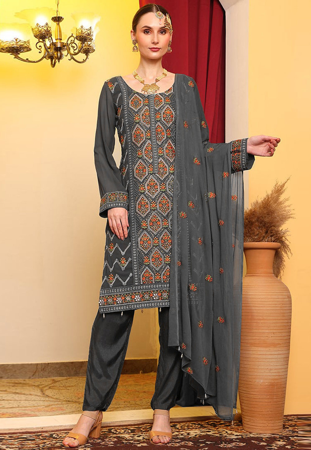 Grey Faux Georgette Embroidered Pant Style Suit 319942