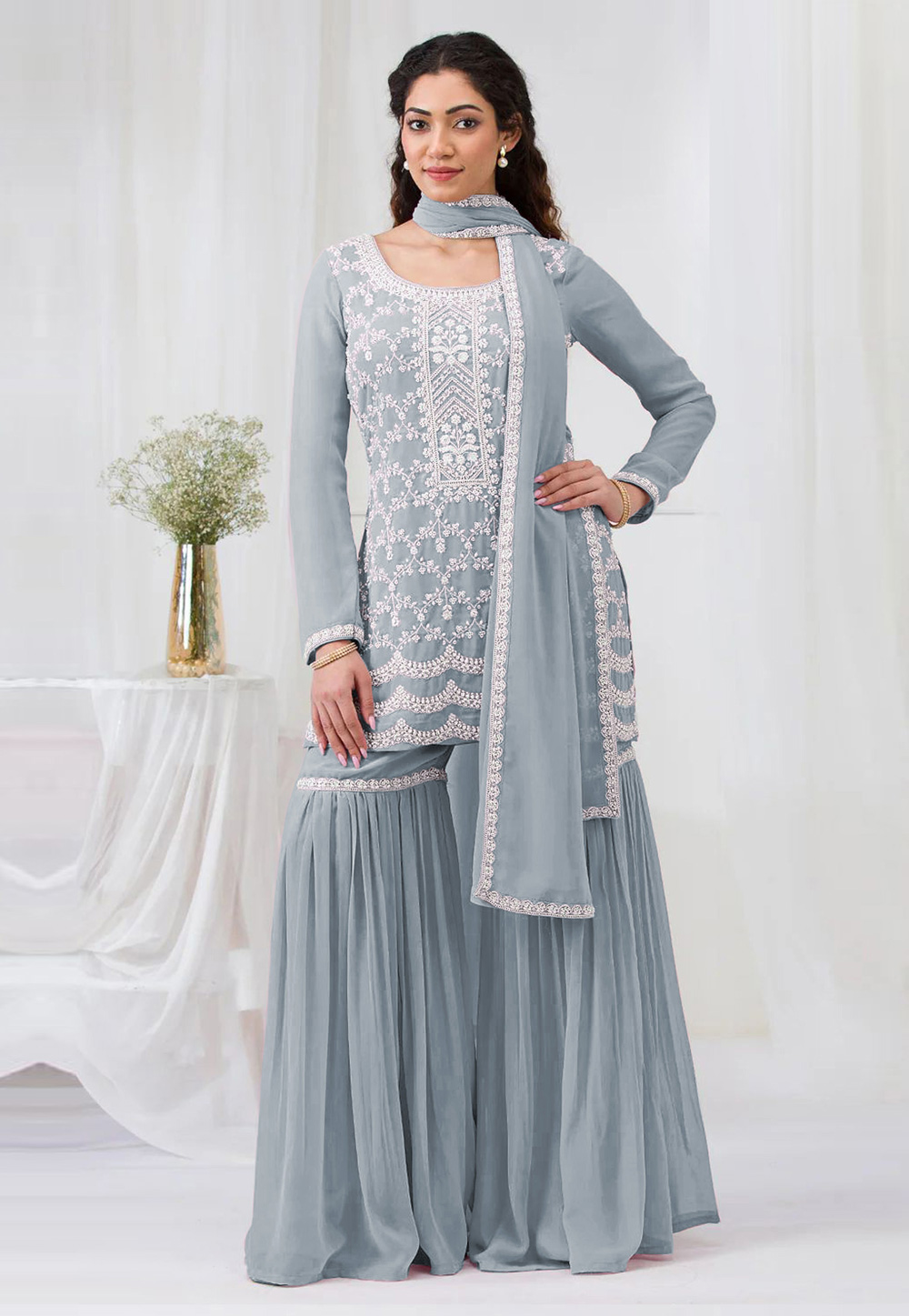 Grey Faux Georgette Gharara Suit 318391