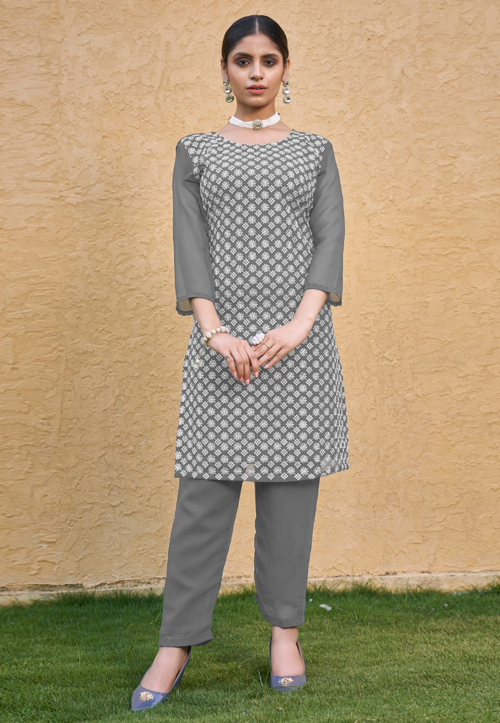 Grey Faux Georgette Kurta Set With Pant 311765