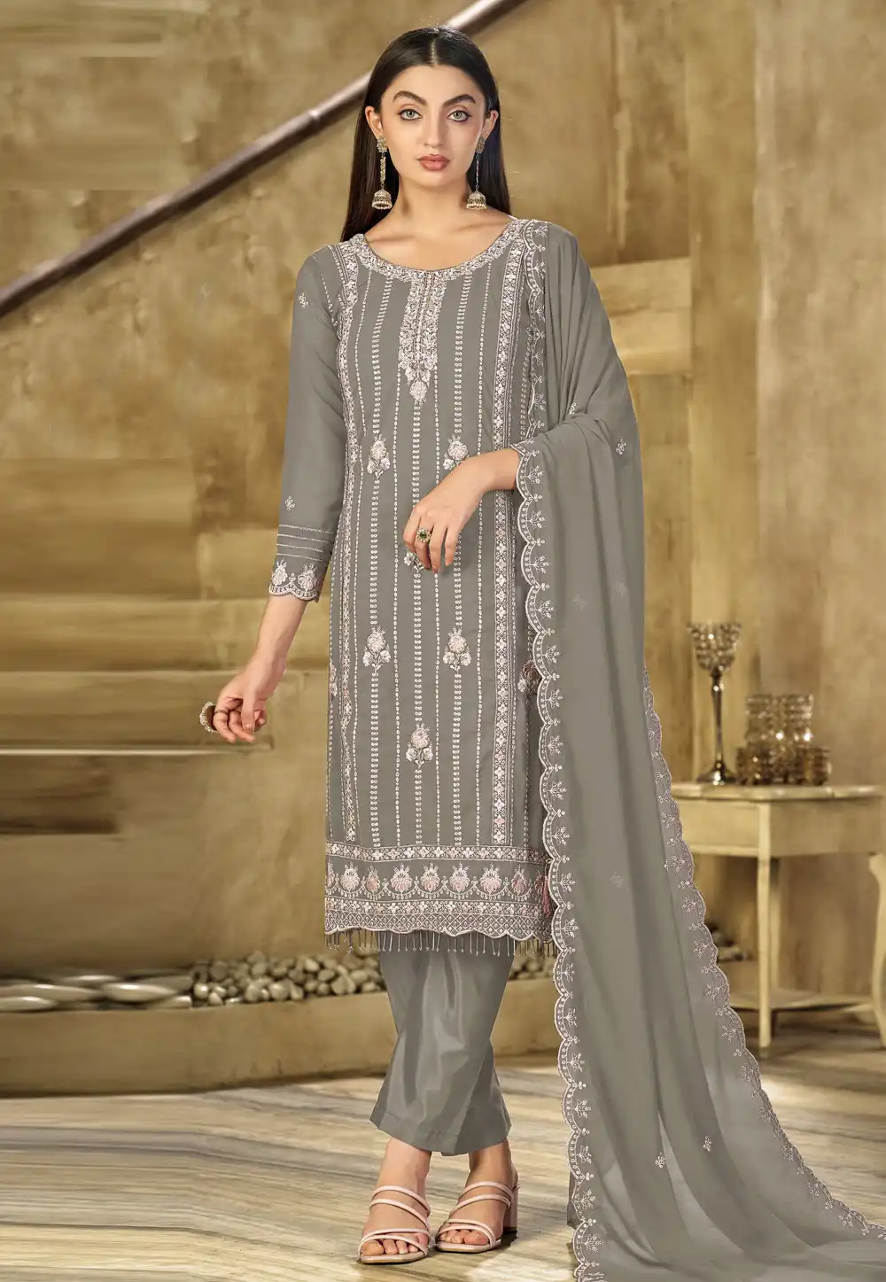 Grey Faux Georgette Pakistani Suit 316828