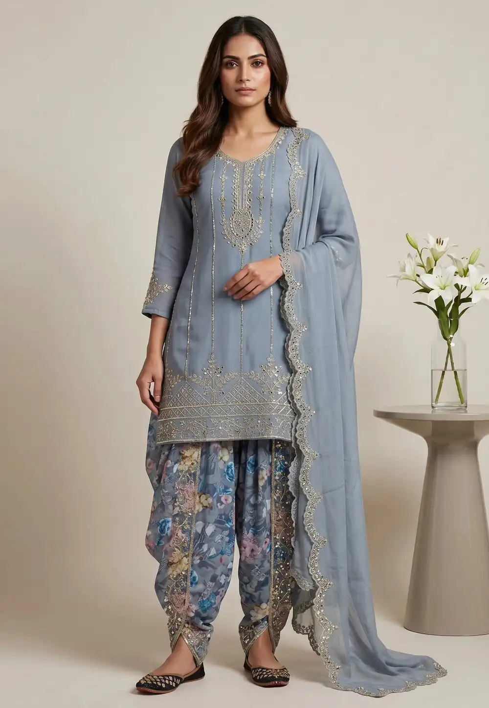 Grey Faux Georgette Readymade Patiala Suit 330681
