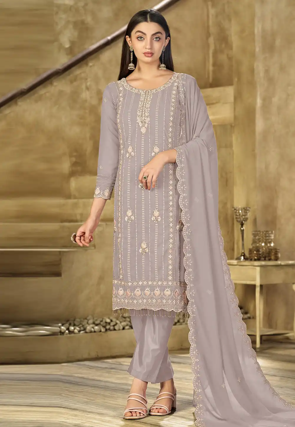 Grey Faux Georgette Straight Suit 316835
