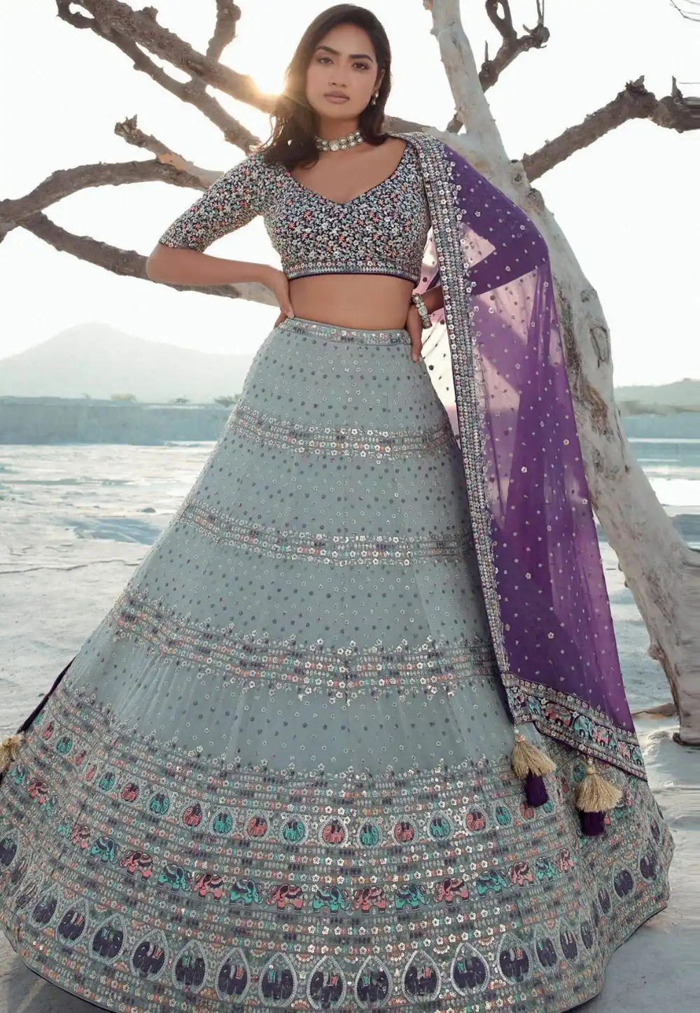 Grey Georgette Circular Lehenga Choli 310243