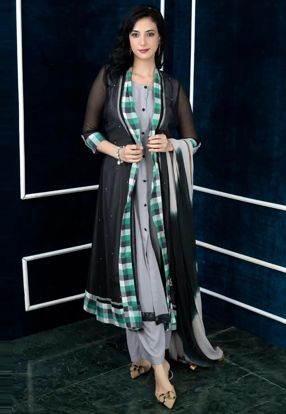 Grey Georgette Jacket Style Suit 316642