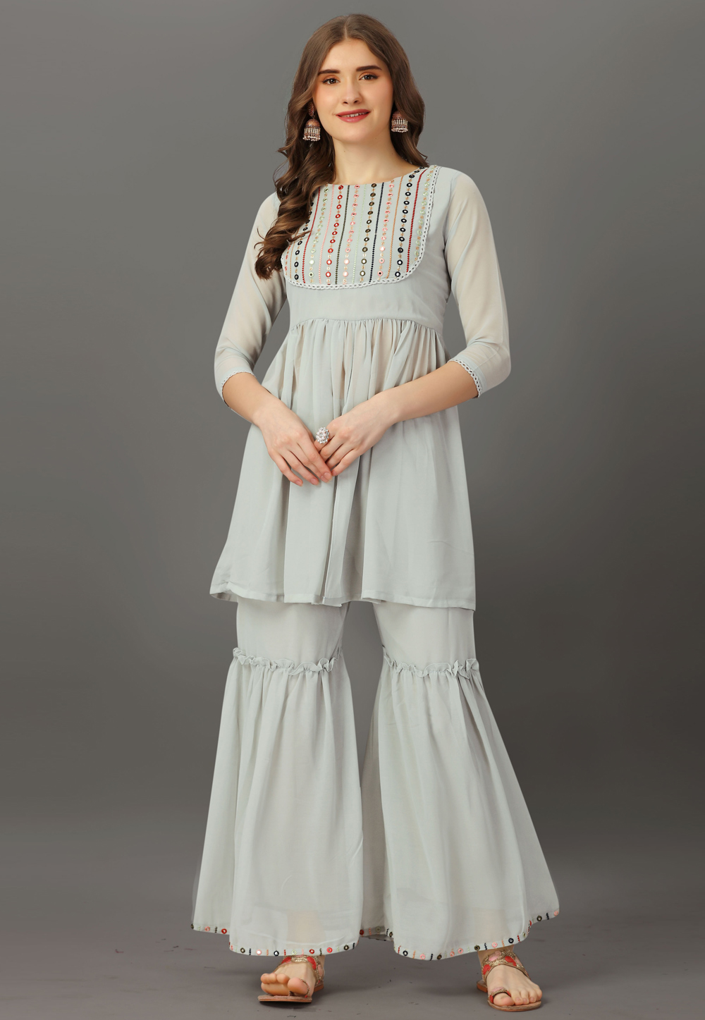 Grey Georgette Kurta Set With Sharara 279925