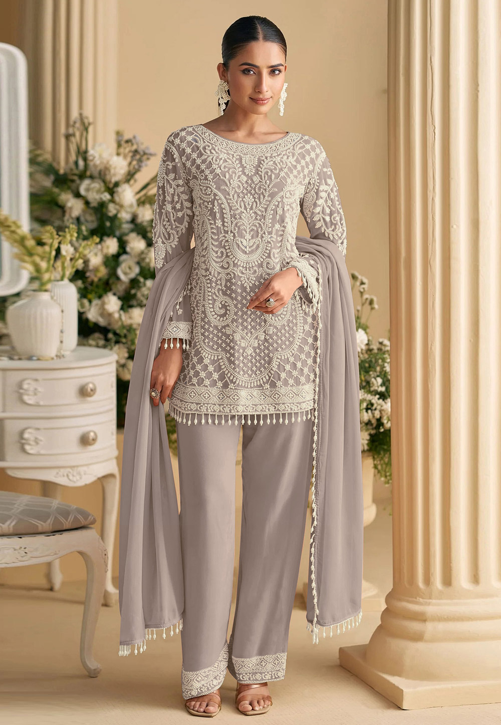 Grey Georgette Pant Style Suit 320057