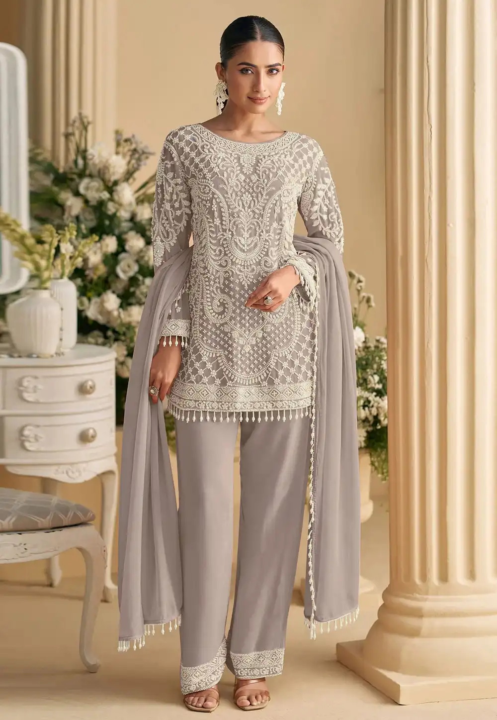 Grey Georgette Pant Style Suit 320057