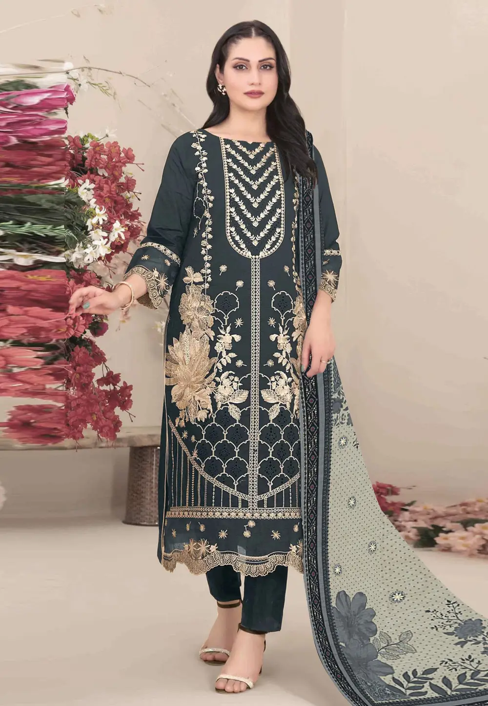 Grey Georgette Pant Style Suit 334242