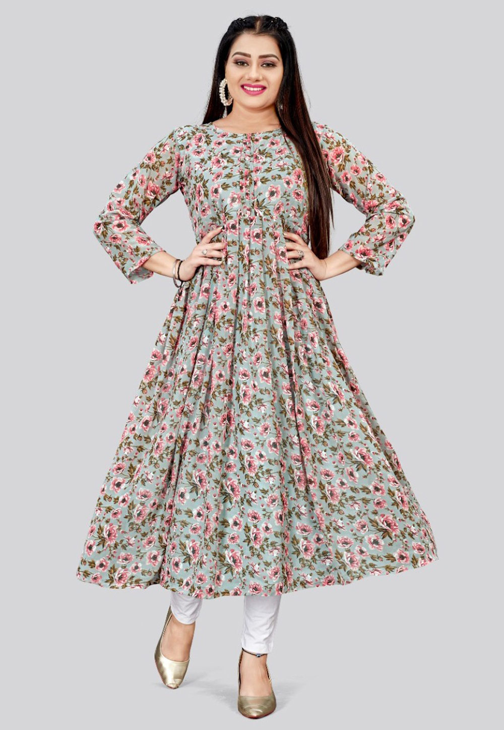 Grey Georgette Printed Long Tunic 324094