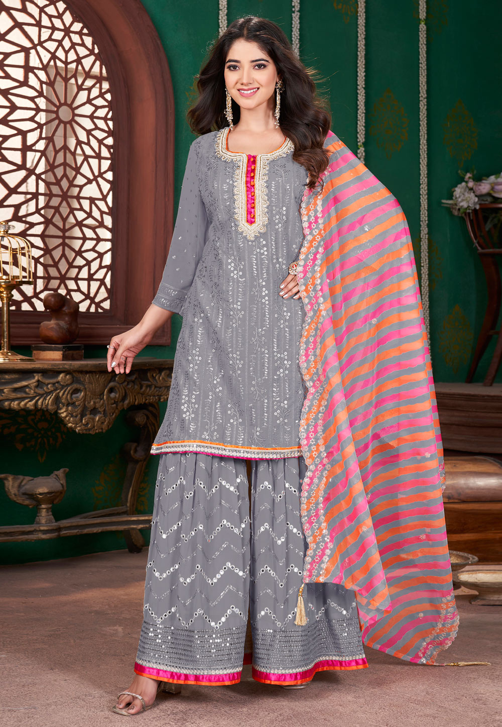 Grey Georgette Readymade Gharara Suit 307453