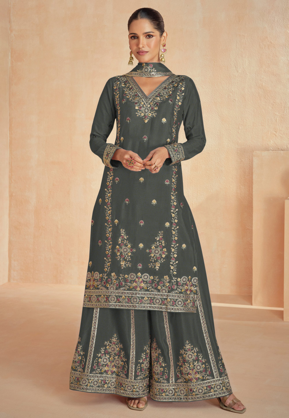 Grey Georgette Readymade Palazzo Suit 307345