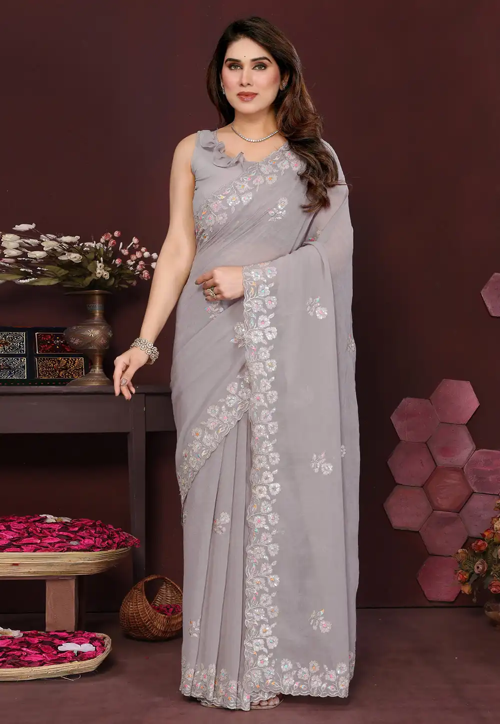 Grey Georgette Saree With Blouse 316904