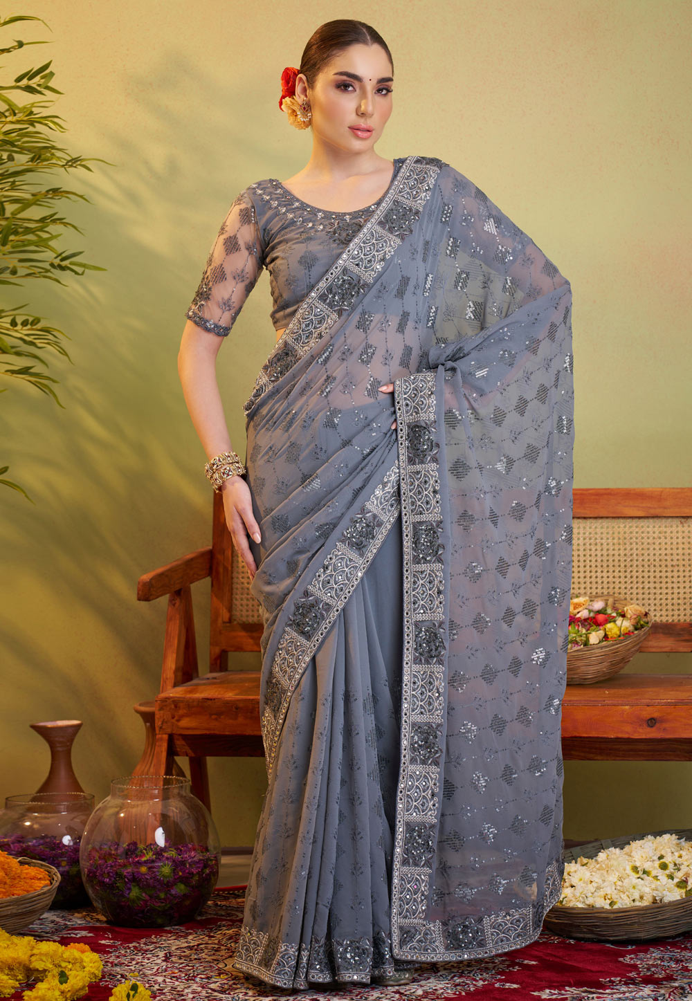 Grey Georgette Saree With Blouse 306984