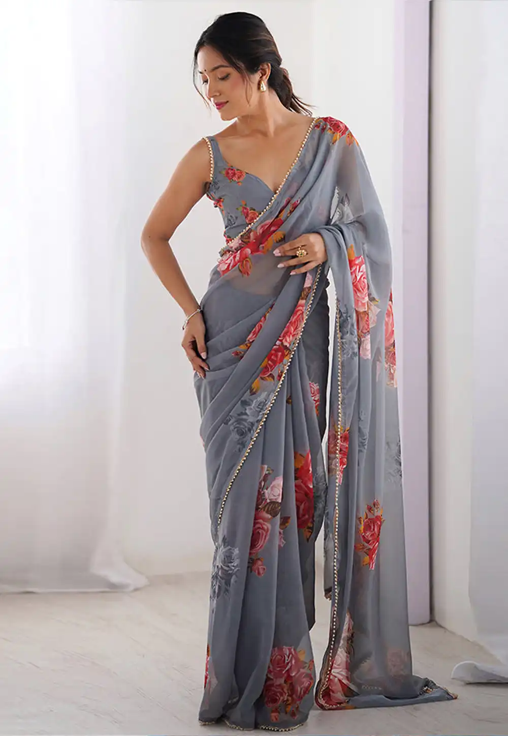 Grey Georgette Saree With Blouse 318326