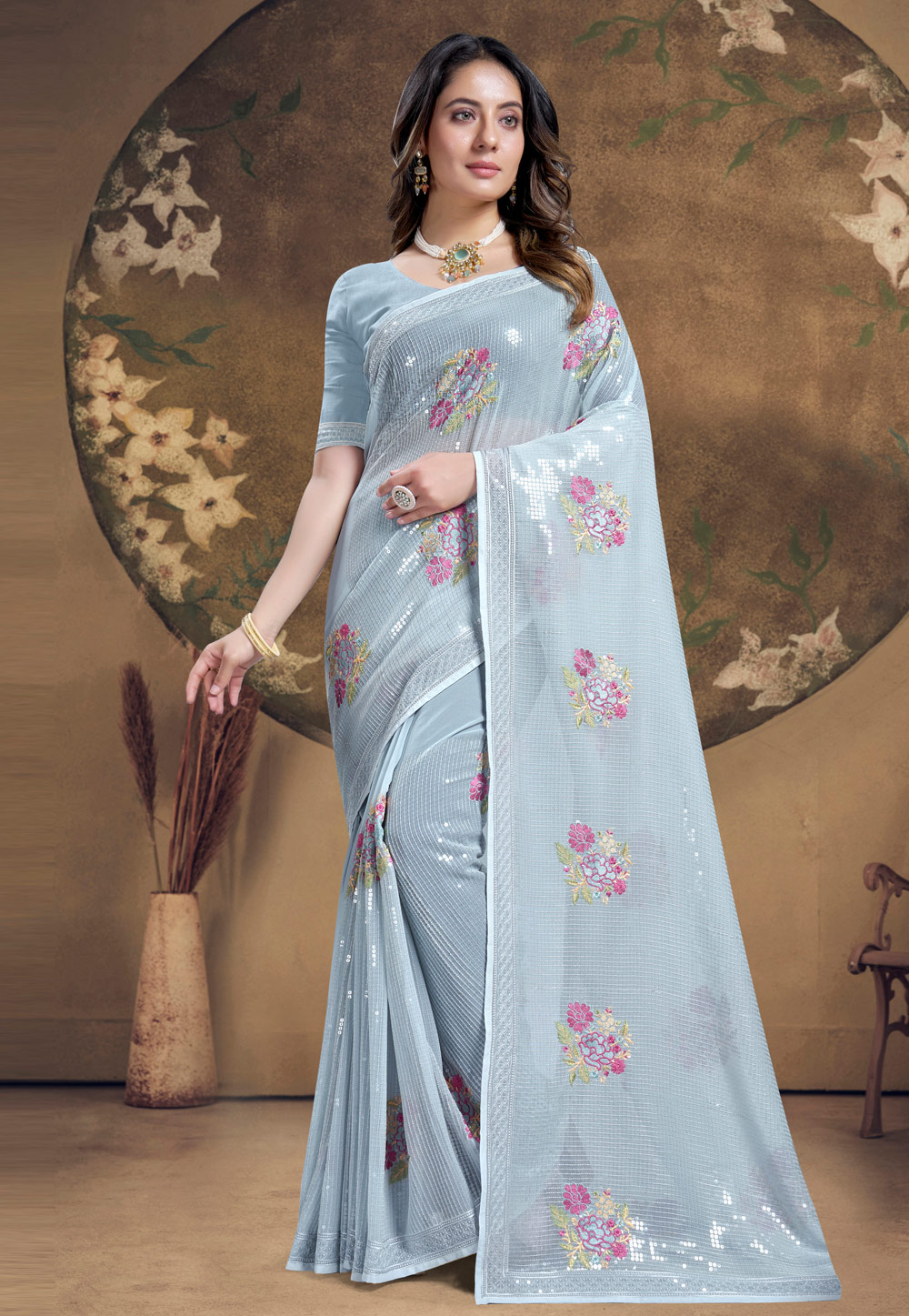 Grey Georgette Sequence Saree 285624