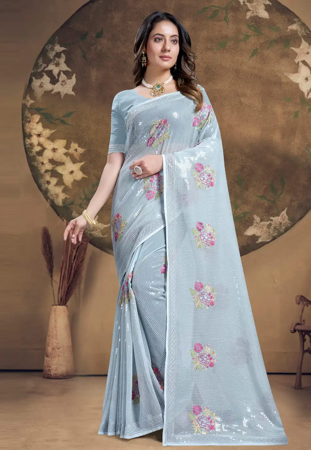 Grey Georgette Sequence Saree 285624