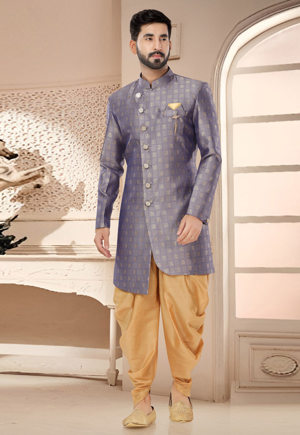 Grey Jacquard Dhoti Sherwani 285747