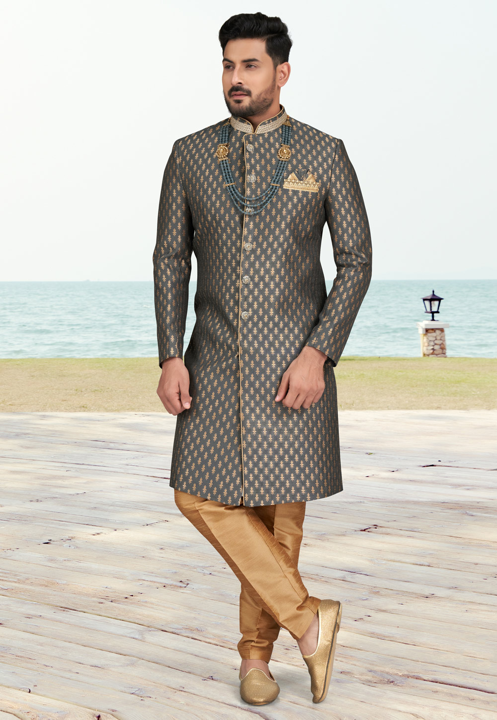 Grey Jacquard Indo Western Sherwani 279733