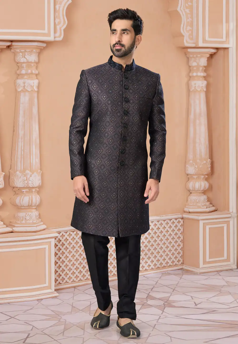Grey Jacquard Indo Western Sherwani 282262