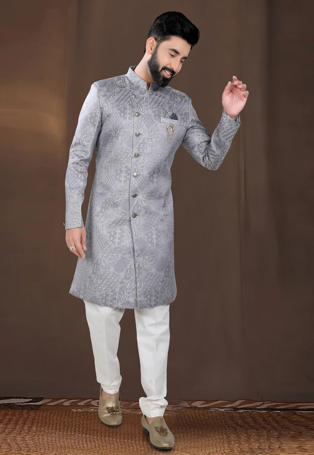 Grey Jacquard Indo Western Suit 312791