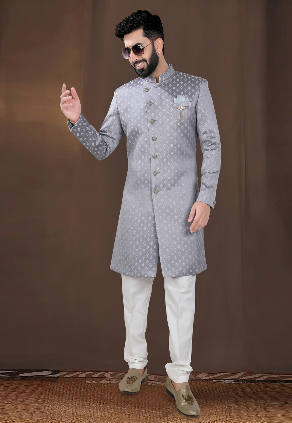 Grey Jacquard Indo Western Suit 312794