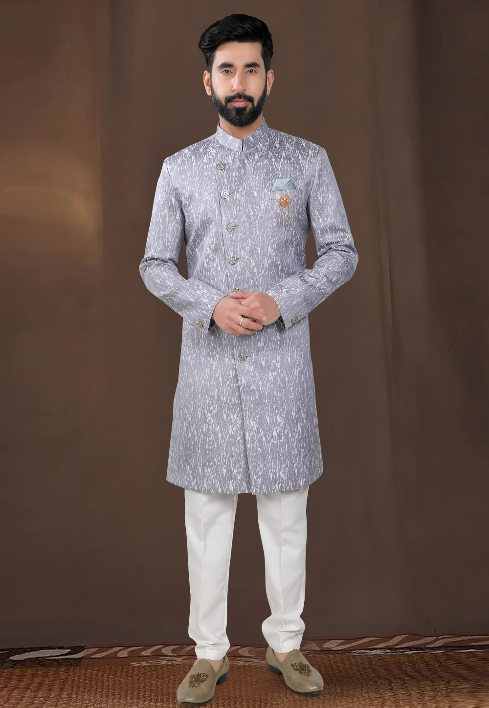 Grey Jacquard Indo Western Suit 312798
