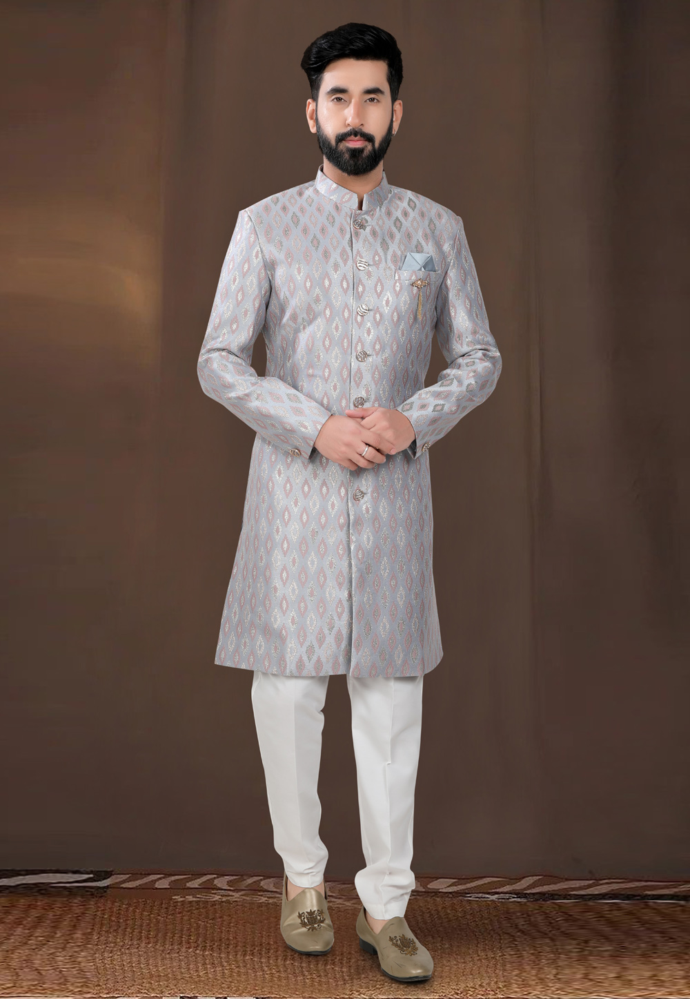 Grey Jacquard Indo Western Suit 312800