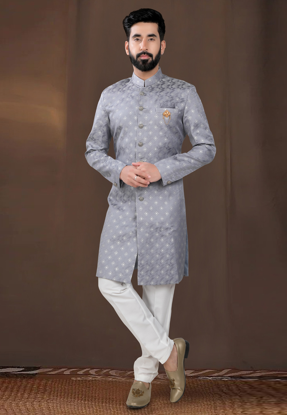 Grey Jacquard Indo Western Suit 312803