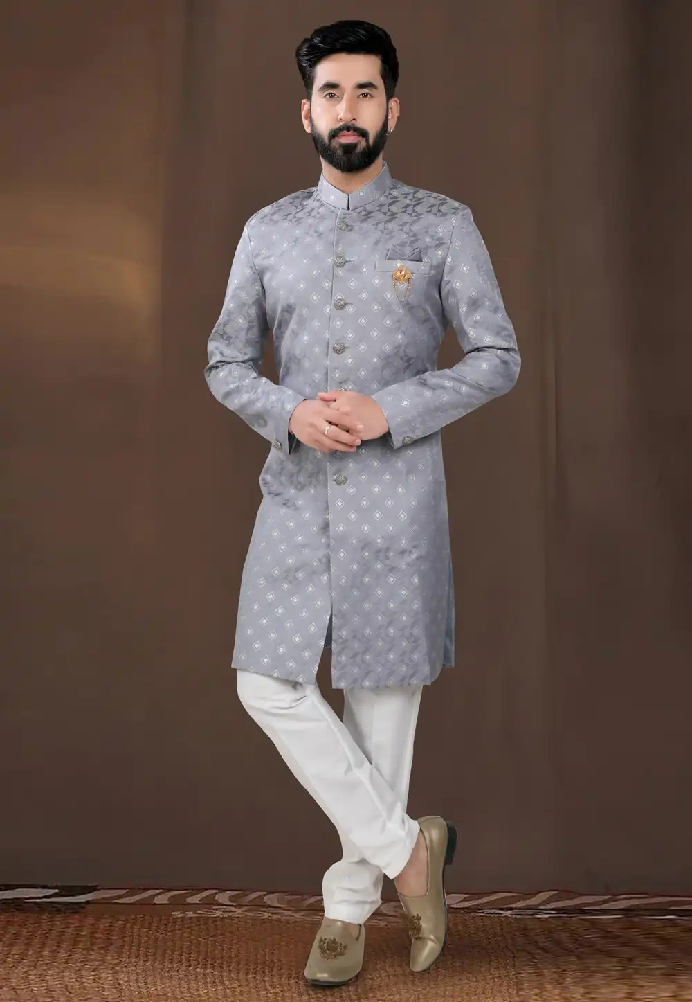 Grey Jacquard Indo Western Suit 312803