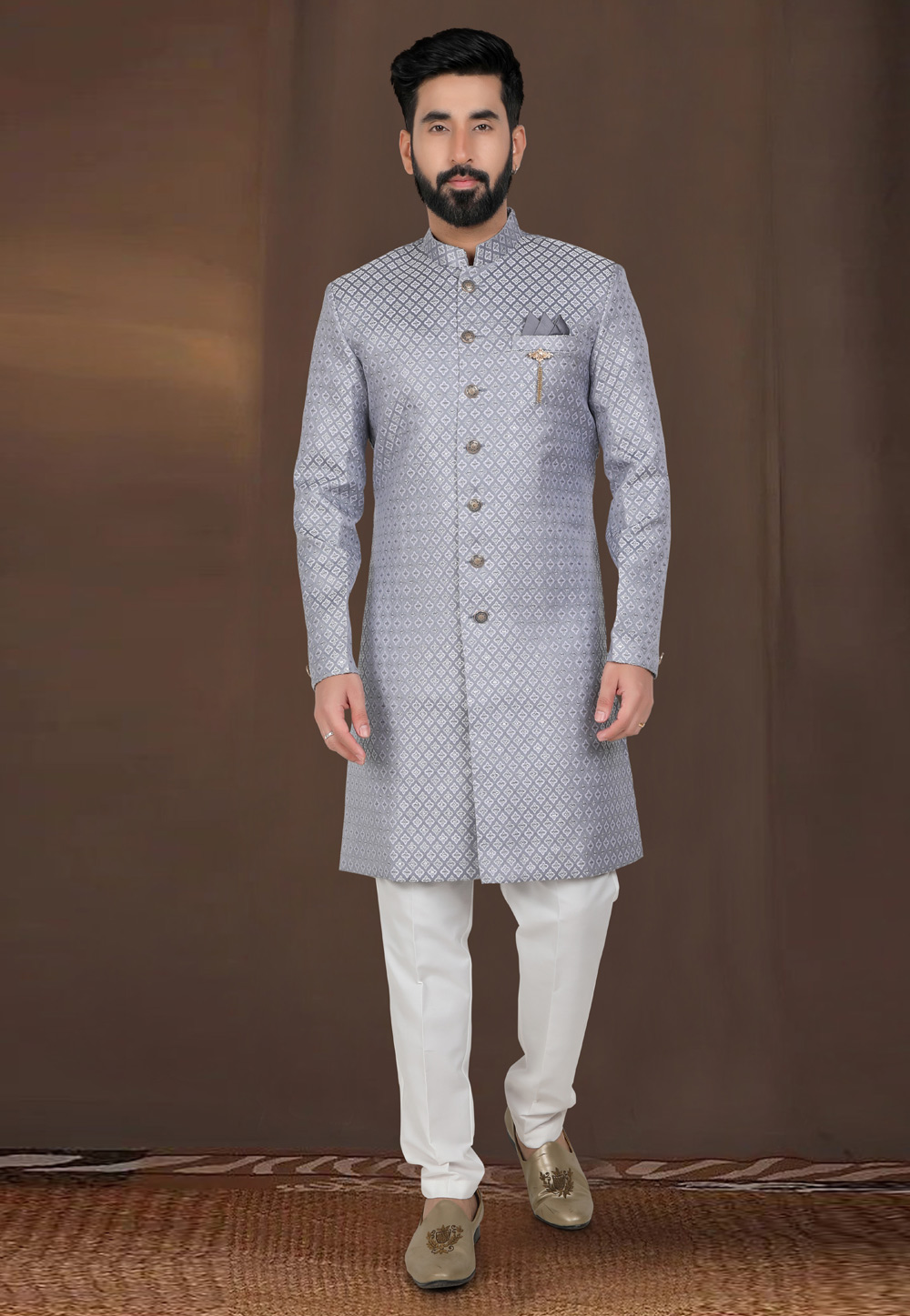 Grey Jacquard Indo Western Suit 312805