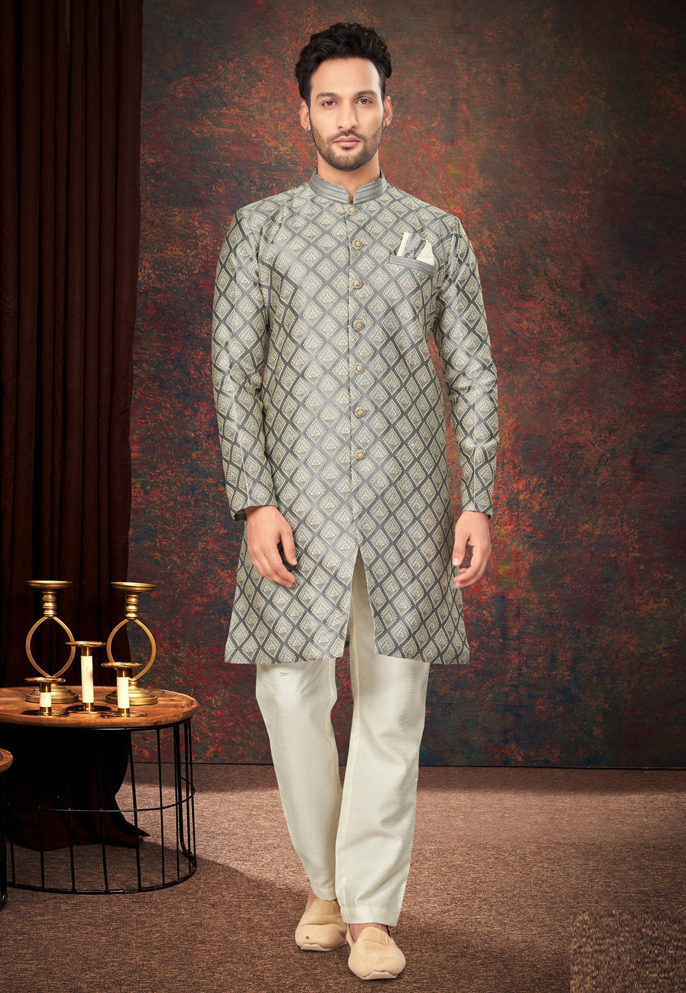 Grey Jacquard Indo Western Suit 284020